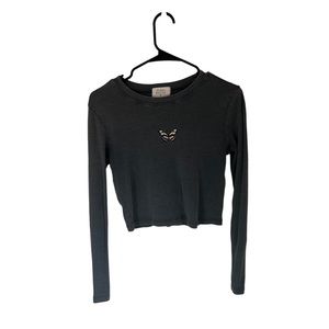Grey Cropped Long Sleeve shirt with butterfly on the center